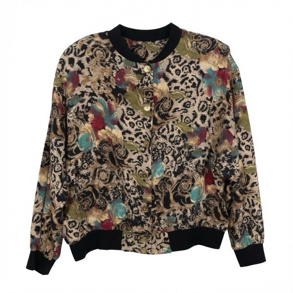 Vintage Southern Lady Luxury Floral Leopard Statement Bomber Jacket Size 14/16